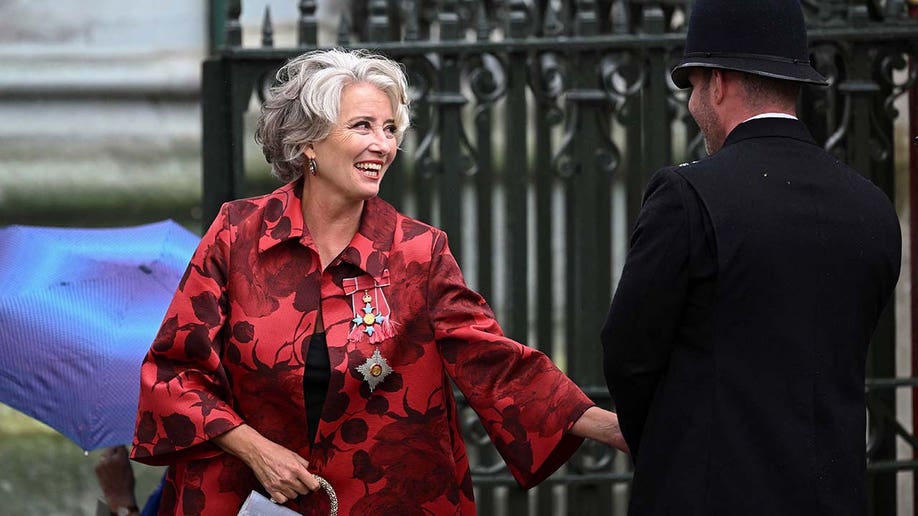 Emma Thompson walks outside Westminster Abbey following the coronation. 