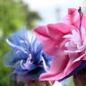 Two women wear large flower-like hats at the Kentucky Derby. One woman wears a pink hat while another woman wears a purple hat.