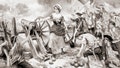 2A7TKCH Molly Pitcher firing cannon at the Battle of Monmouth during the American Revolutionary War.   Molly Pitchers real name is thought to have been Mary Ludwig Hays McCauley, 1744 - 1832.  After a work by E. Percy Moran.