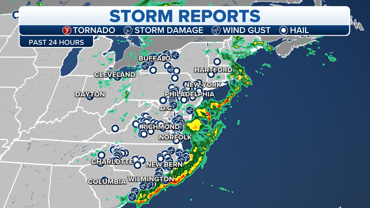 A map of storm reports on the East Coast