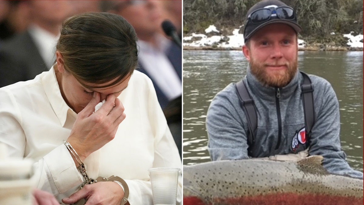 left split: Kouri Richins crying in court; right: Eric Richins holding fish by stream