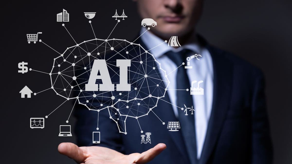 Man with his hand spread, seemingly holding an AI graphic.