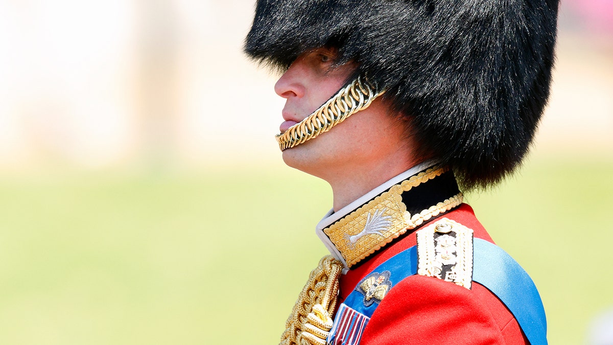 A close-up of Prince William in a red uniform and a bearskin hat