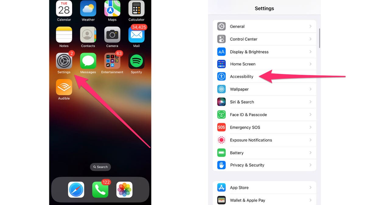 Screenshots of the iPhone home screen and Settings app.