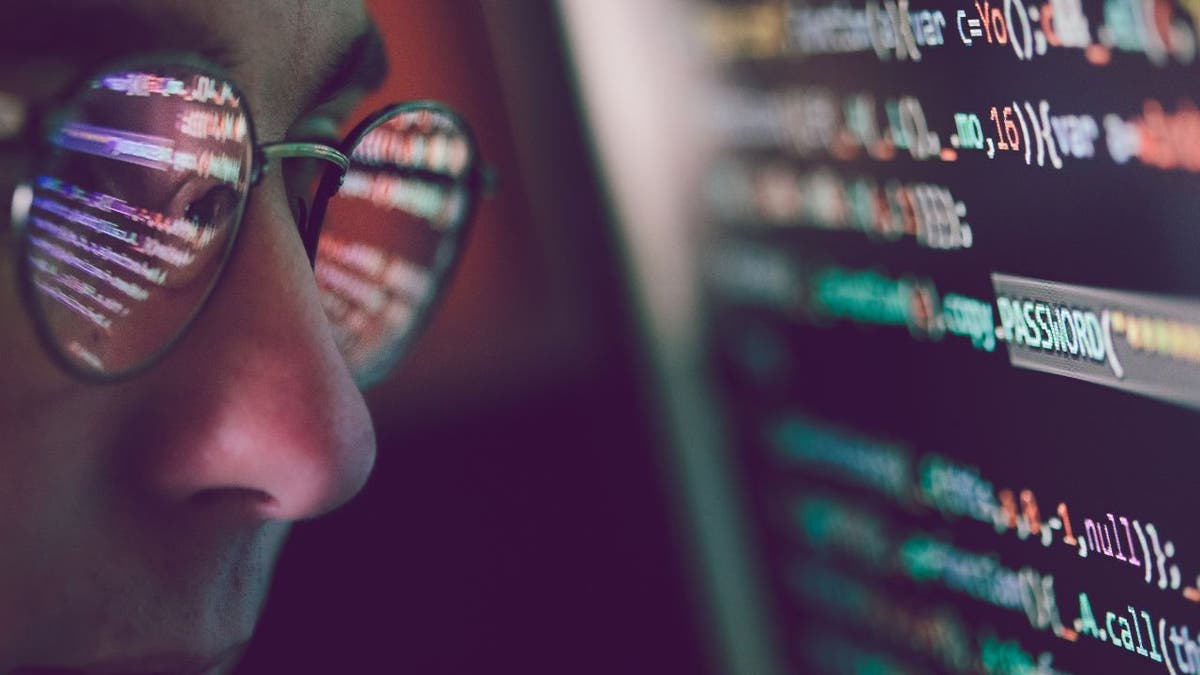 Man looking into a computer with code on the screen.