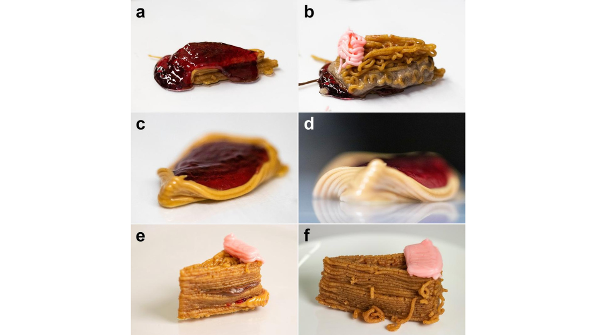 Layers shown of 3-D printed cheesecake with jelly, nutella, and graham cracker