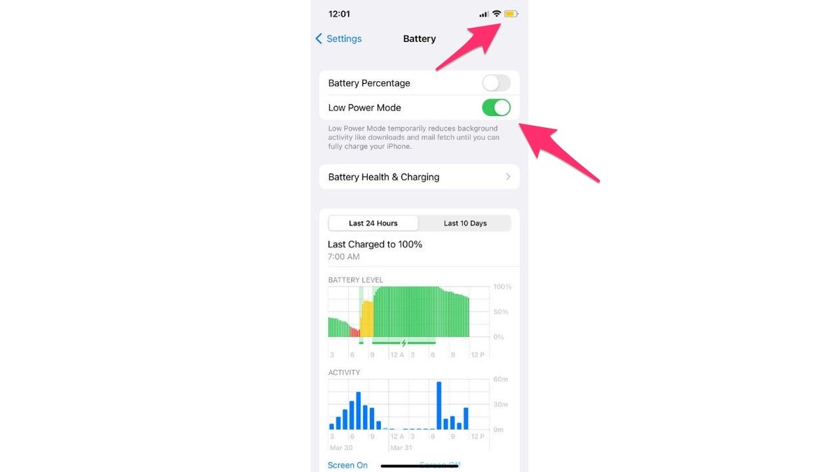 Screenshot of the Batter screen with arrows pointing to the battery and the low power mode option.