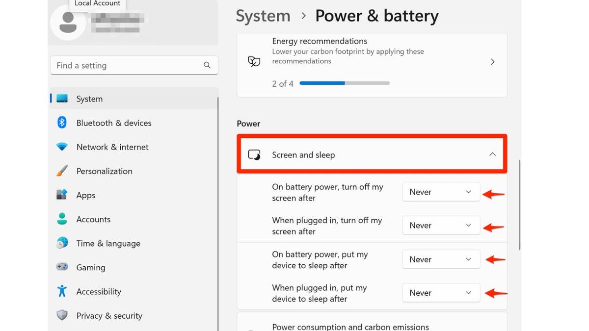 Screenshot of the Power & battery screen.