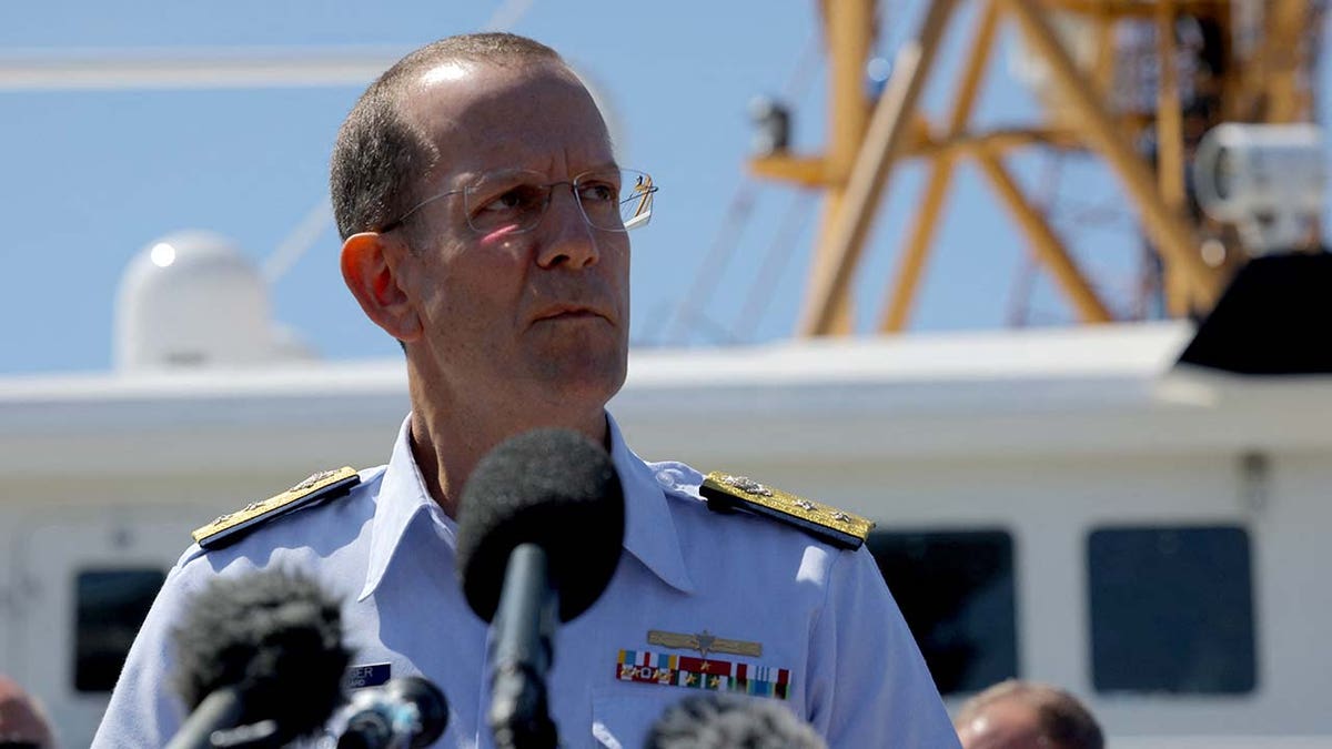 Rear Admiral John Mauger, the First Coast Guard District commander speaks during a press conference