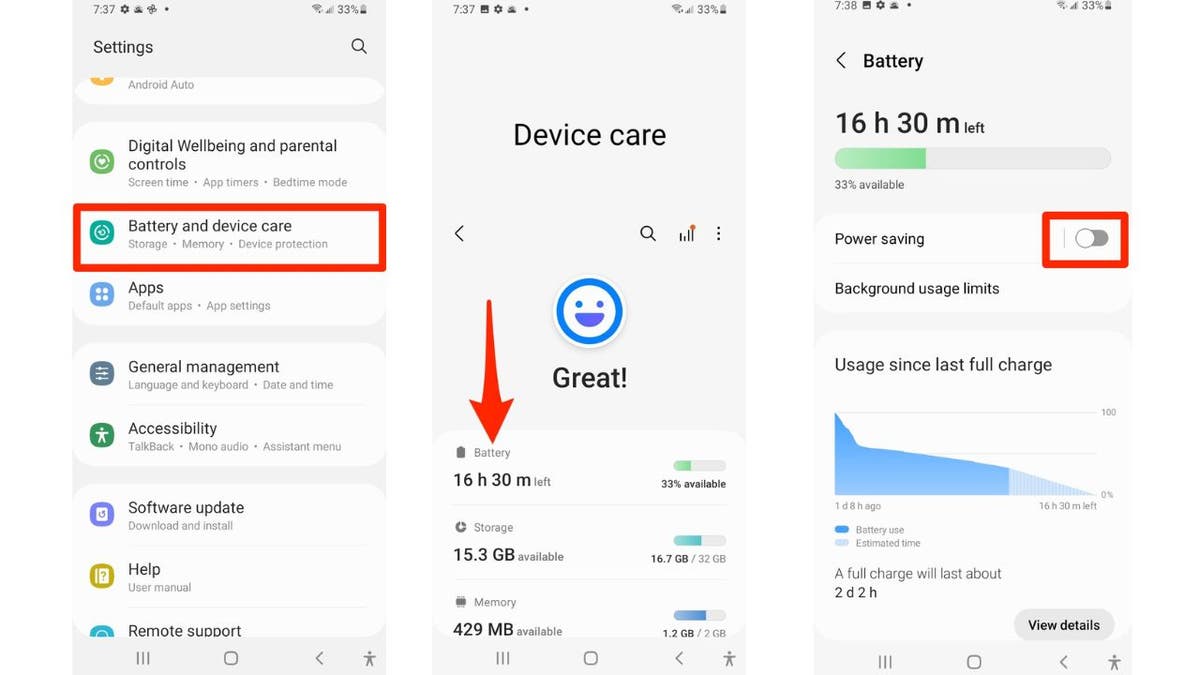 Three screenshots showing you how to turn on power saving mode.