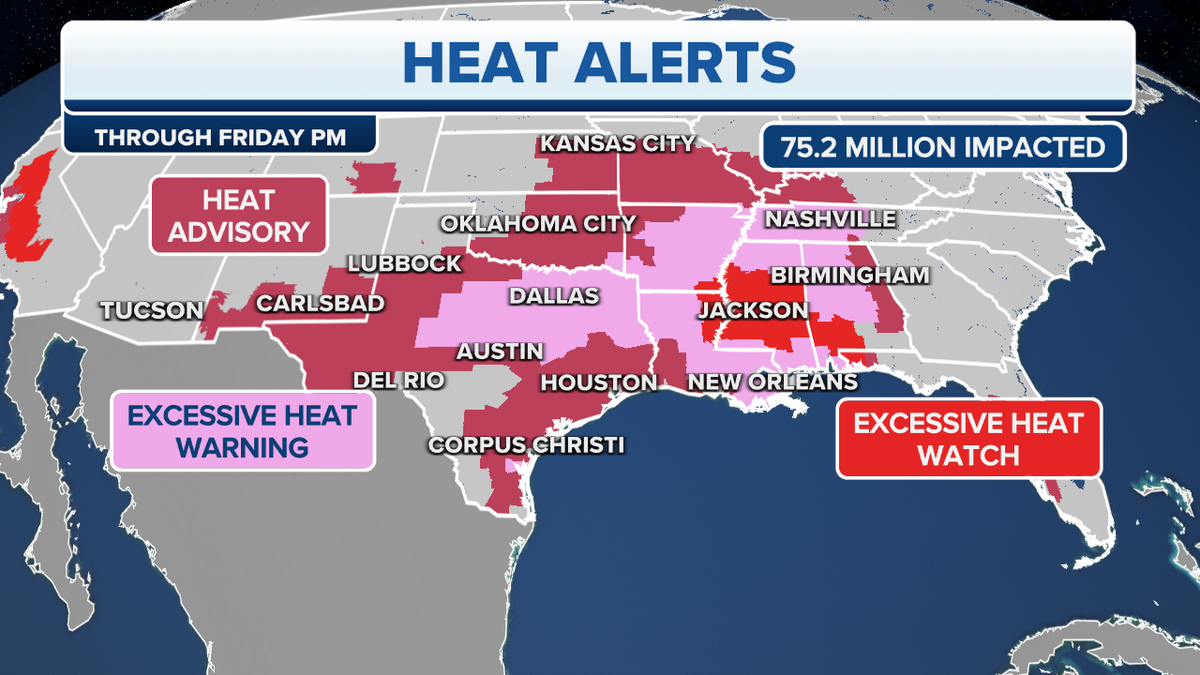 A map of heat alerts across the southern U.S.