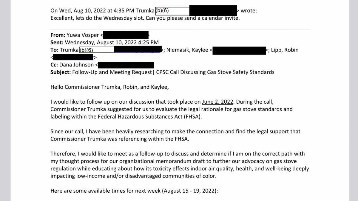 Richard Trumka Jr., a President Biden-nominated member of the Consumer Product Safety Commission, schedules a follow-up meeting with an environmental group to discuss the legal basis for a potential gas stove regulation.