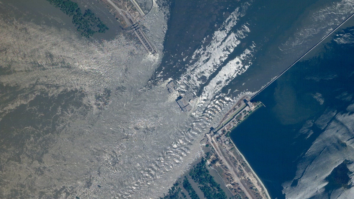 Kakhovka dam collapse seen from air