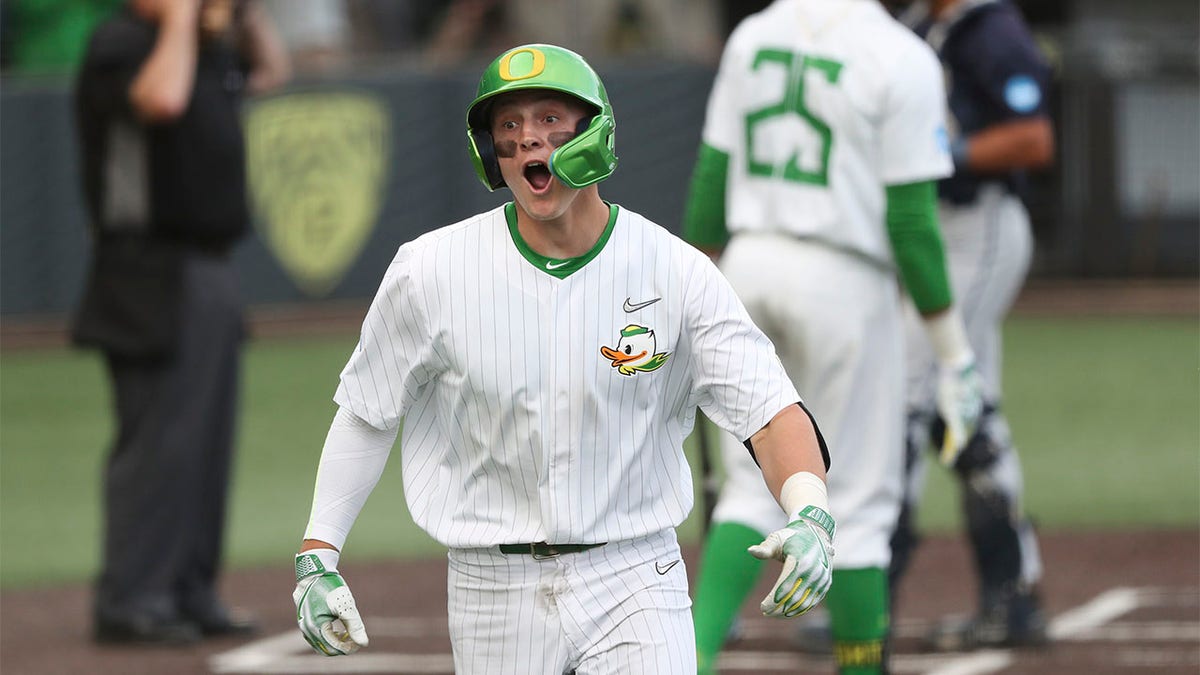 Oregon's Drew Smith after hitting a home run