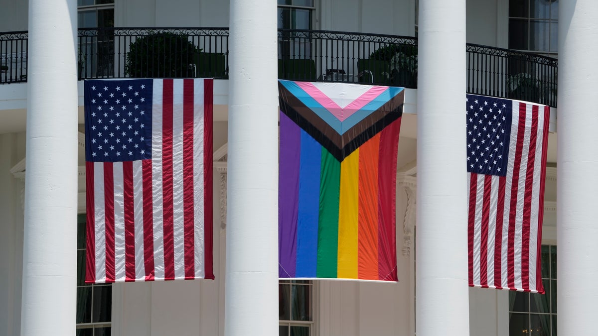 Pride flag with U.S. flags on display at White house 