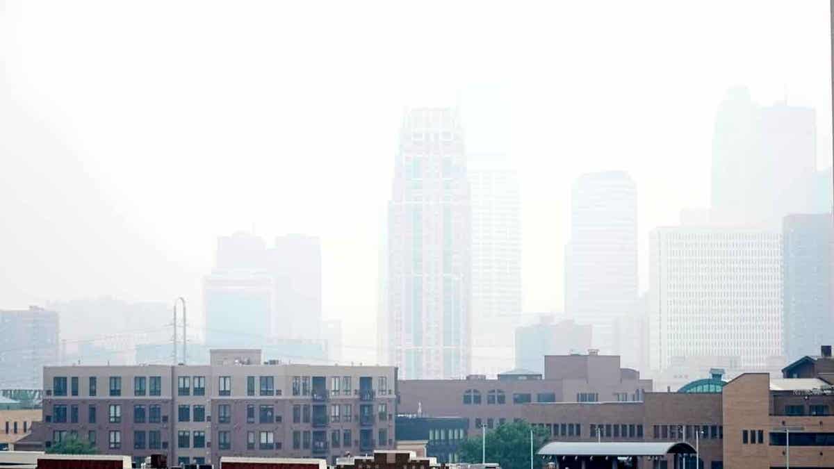 Haze envelopes the Minneapolis skyline