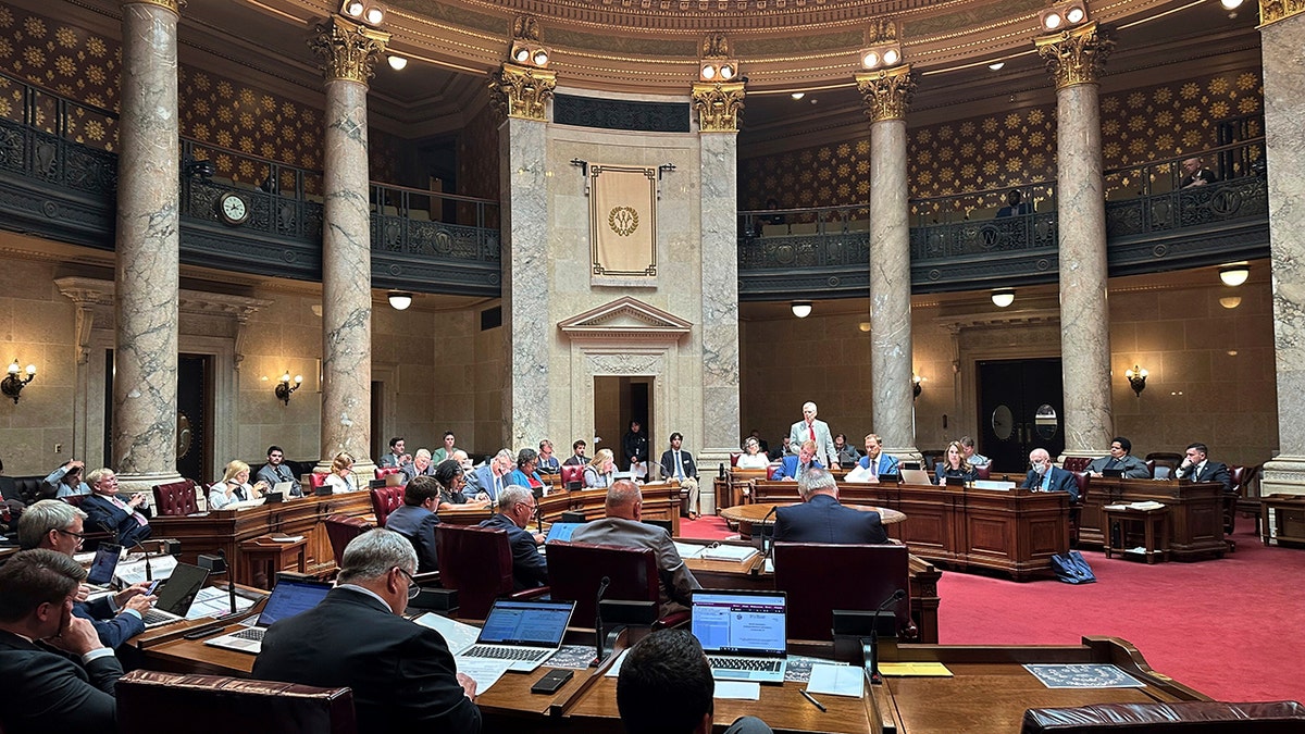 The Wisconsin Senate debates the GOP-authored state budget that cuts income taxes and reduces funding for the University of Wisconsin, on June 28, 2023, in Madison, Wisconsin.