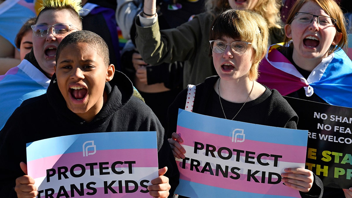 People protesting, holding "protect trans kids" signs