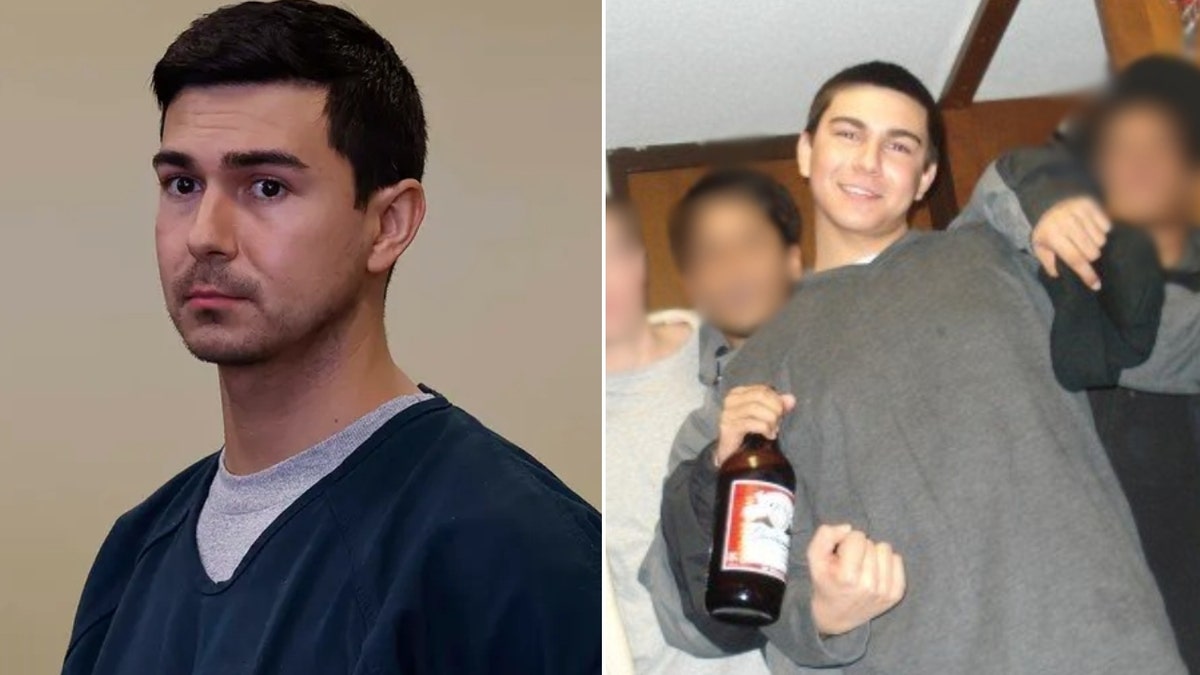 A split image of Matthew Nilo in court and Matthew Nilo partying with friends