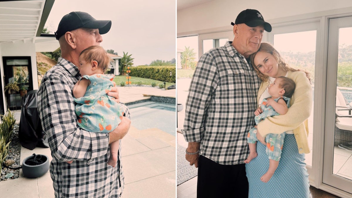 Split of Bruce Willis holding granddaughter and Bruce Willis with Rumer Willis and her daughter