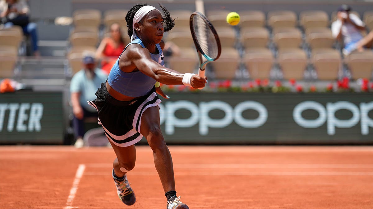 Coco Gauff plays a forehand shot