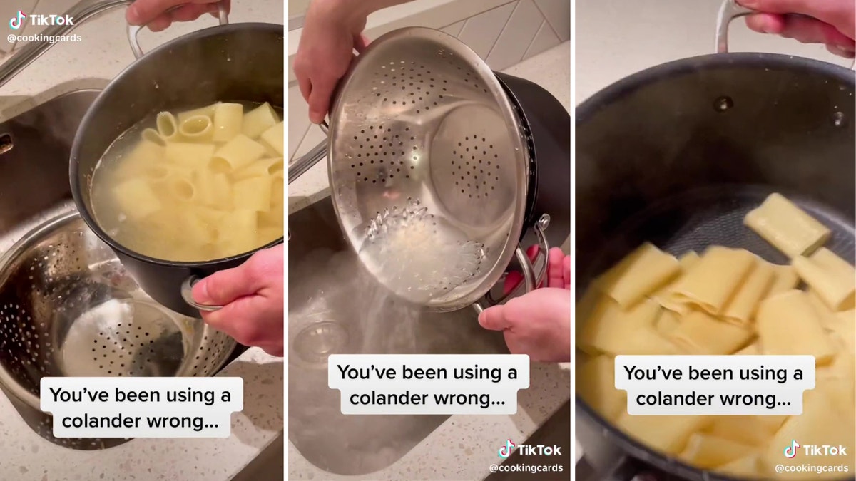 A person places a metal colander with the base facing the inside of a pasta pot, so they can drain the dish by flipping it upside down.