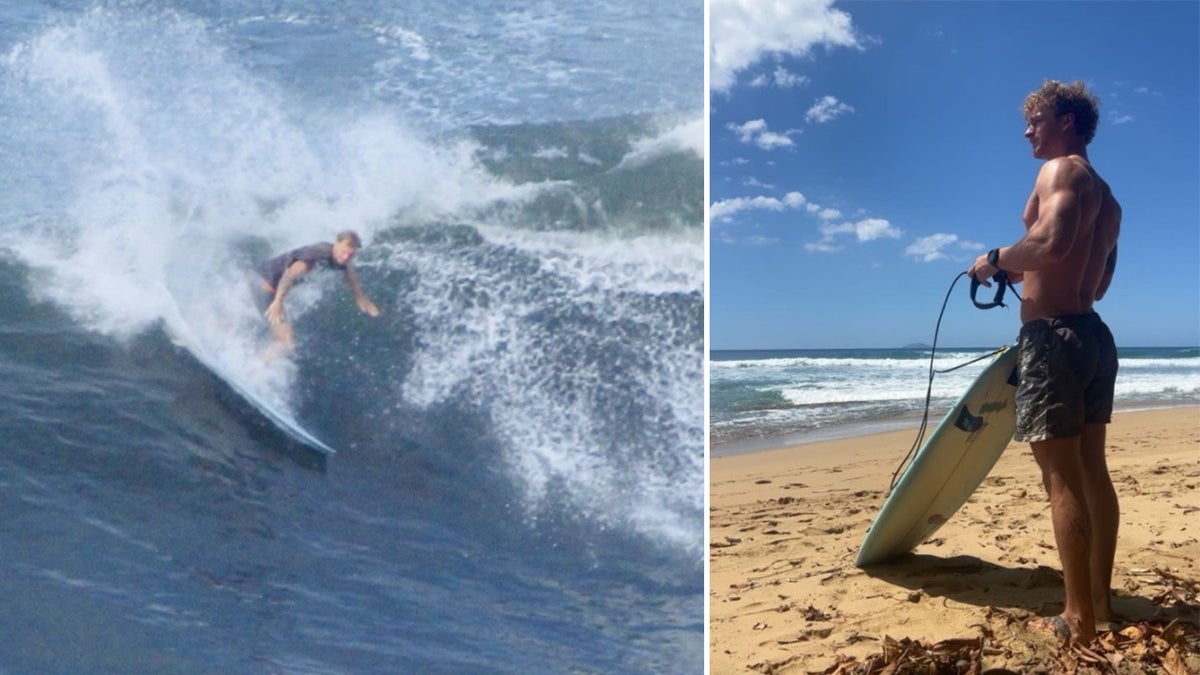 Daniel Penny shown riding a wave and standing on the shore with his surfboard.