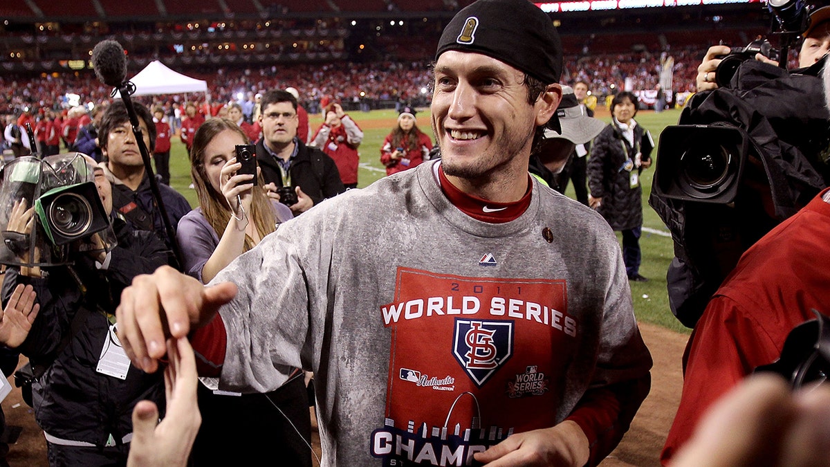 David Freese celebrates the World Series