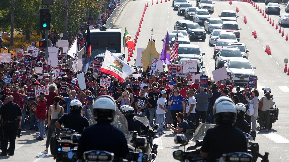 Protesters gather near Dodger Stadium entrance