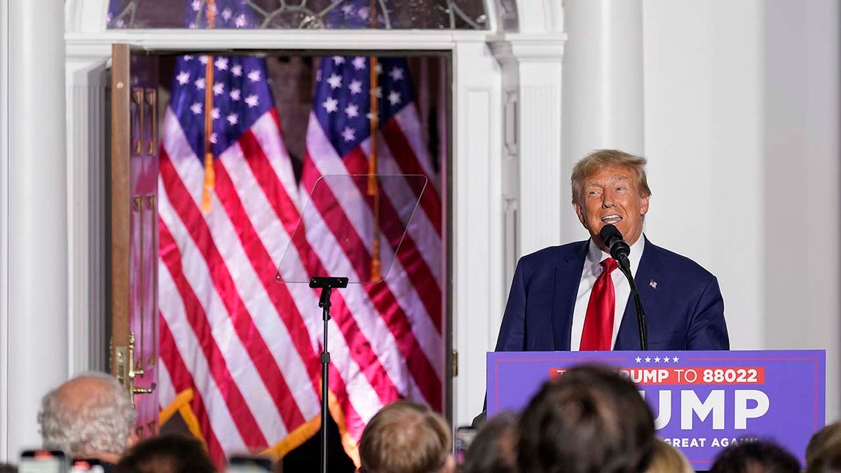 Donald Trump speaks to supporters at Trump National Golf Club Bedminster