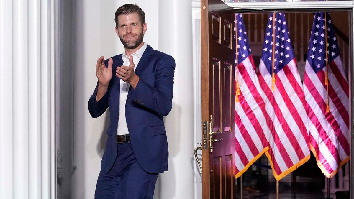 Eric Trump arrives before former President Donald Trump speaks at Trump National Golf Club in Bedminster, N.J.