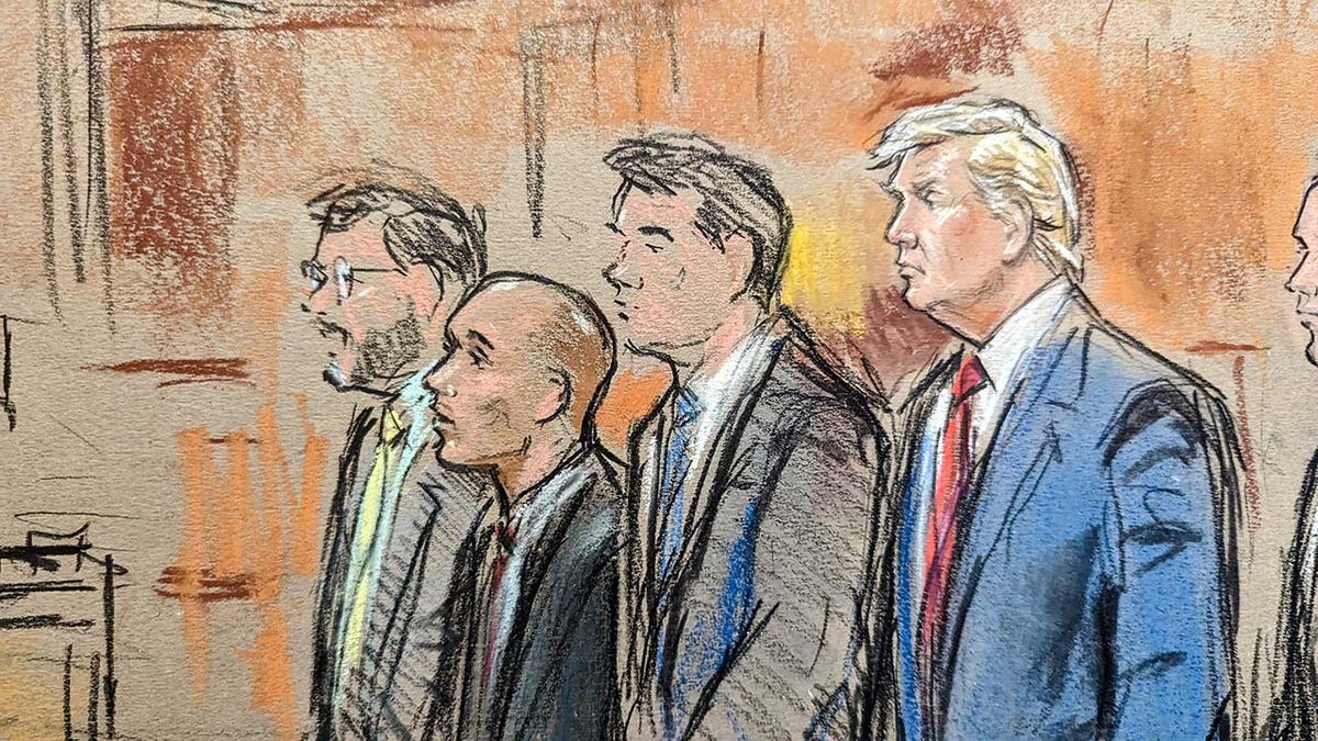 Court sketch of former President Trump standing next to his attorneys during his arraignment.