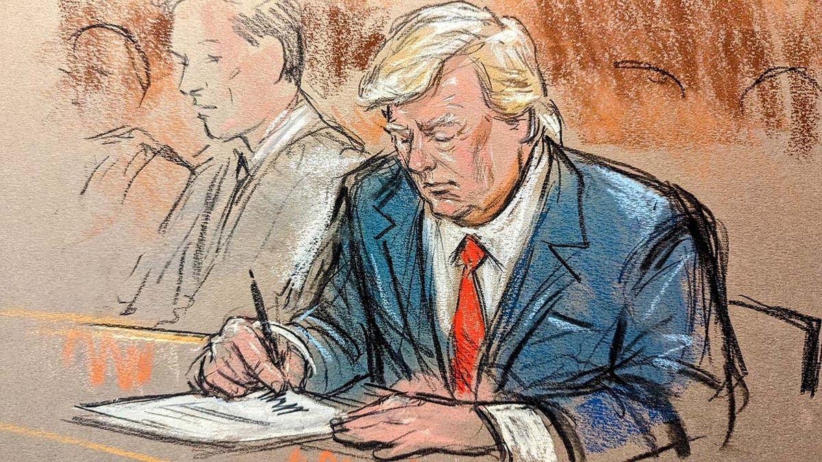 In this court sketch, former President Donald Trump is portrayed during his arraignment