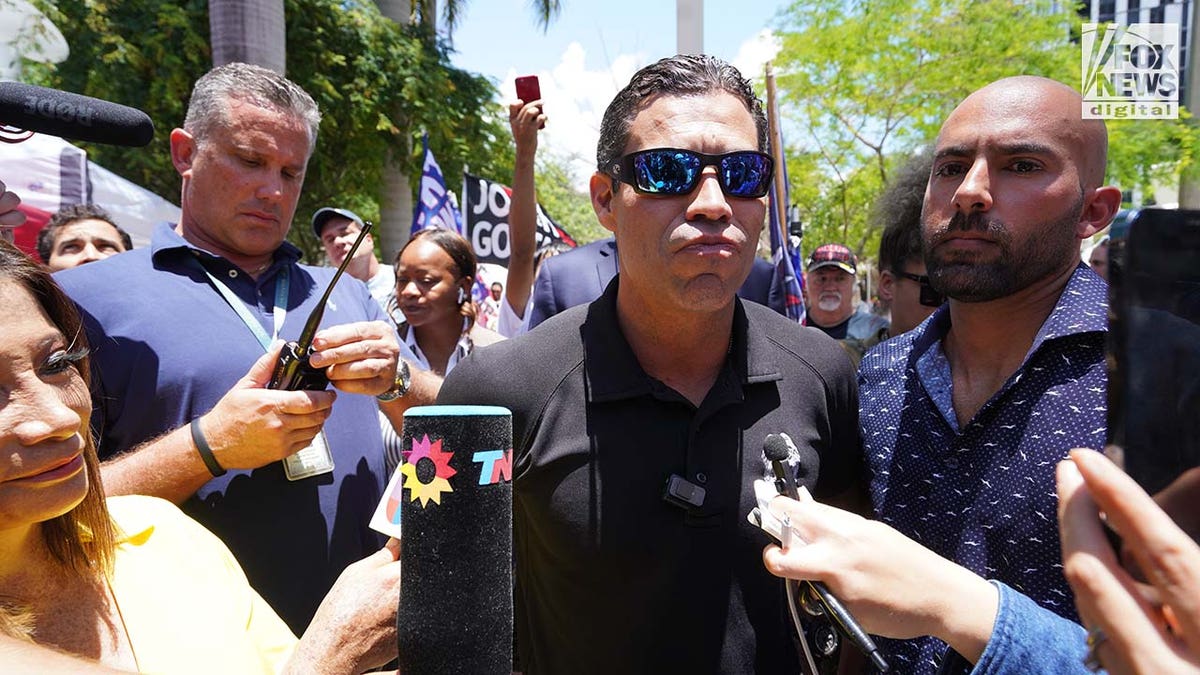 Mayor Francis Suarez of Miami speaks to members of the media outside