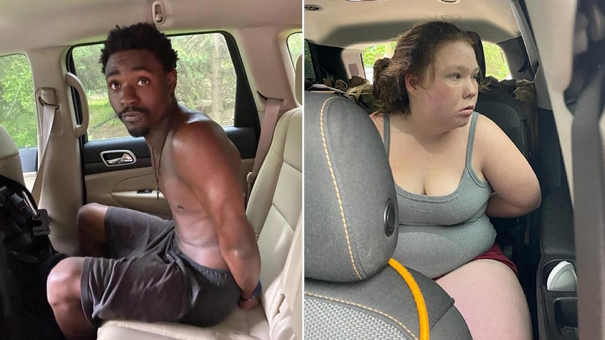 Adalyn Jean Burkett and Marquan L. Edwards arrested and seated in the back of a vehicle.
