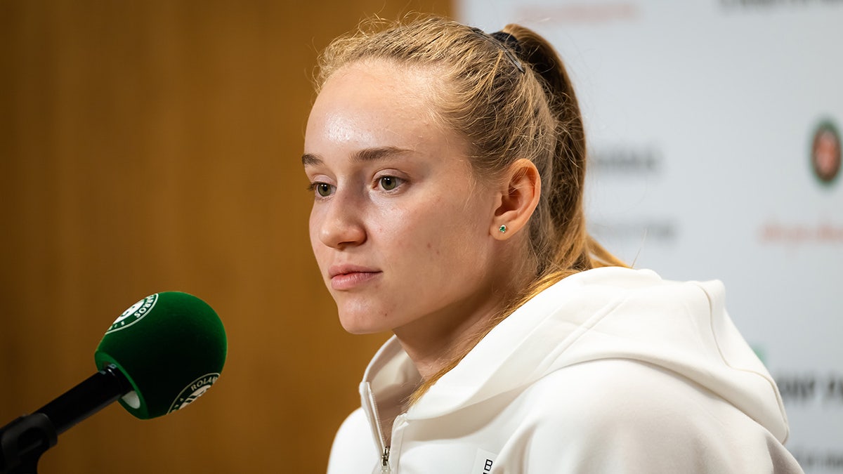 Elena Rybakina speaks to the media