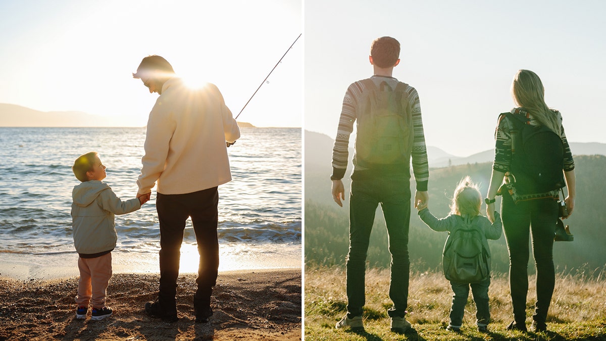 Right: Dad goes fishing with son. Left: Dad and mom go hiking with child.