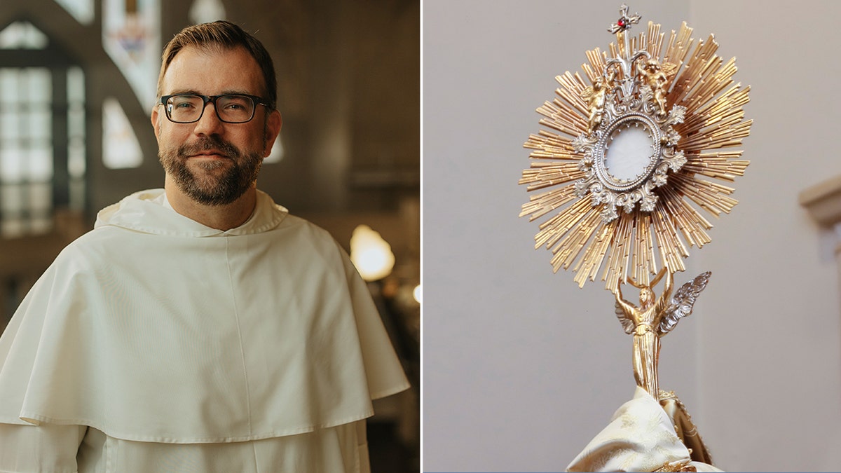 A photo split featuring a Dominican friar and a gold monstrance