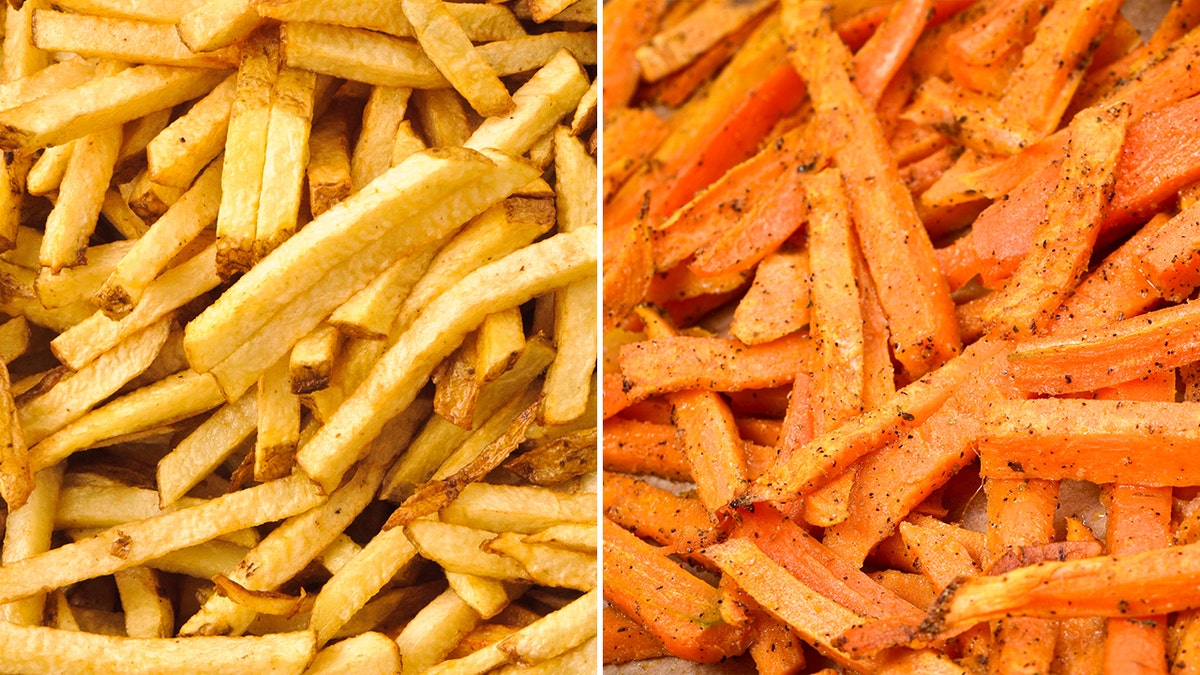 French fries (left). Sweet potato fries (right).