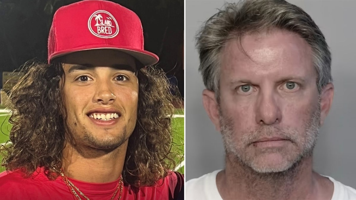 Garrett Hughes wearing a red baseball cap next to a booking photo of Lloyd Brewer III