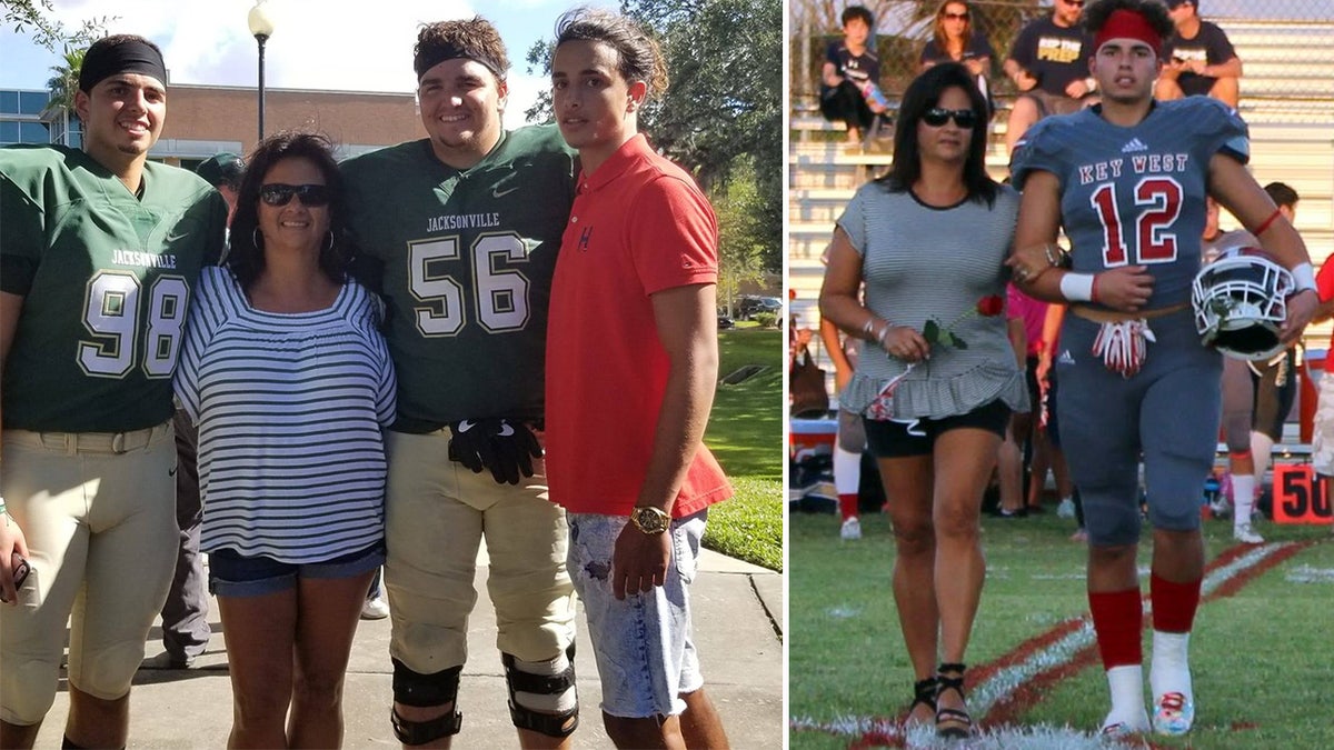 Garrett Hughes' mother, Lesley Touzalin, left middle, and on the right with her son.