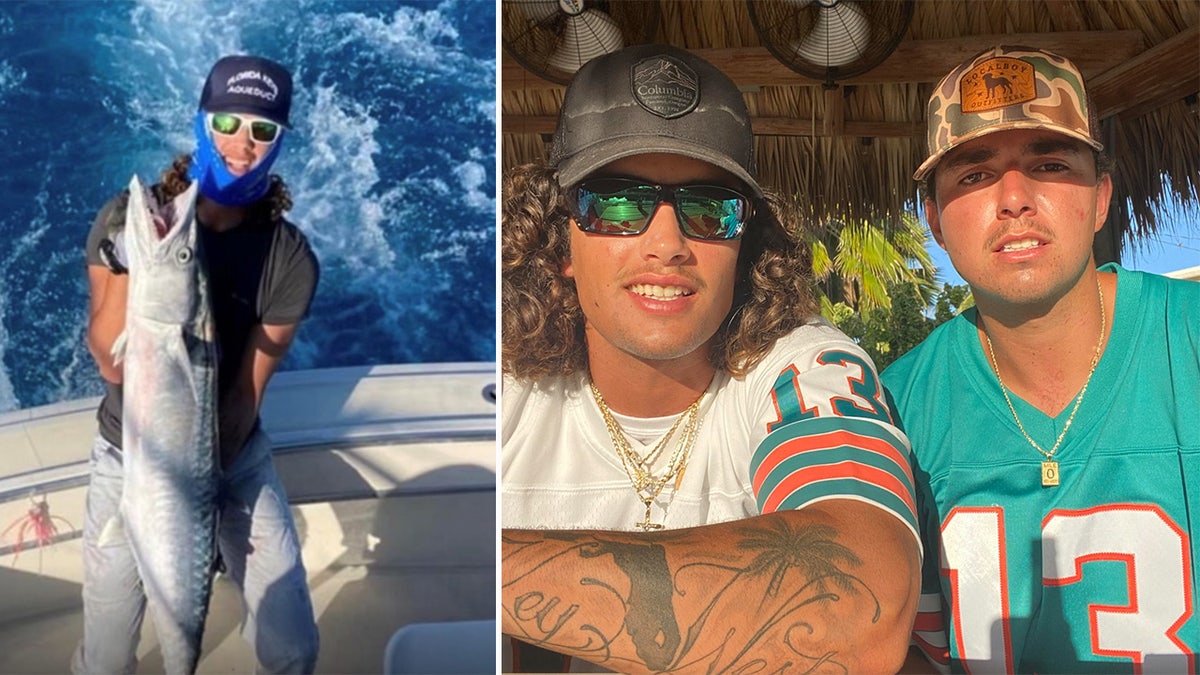 Garrett Hughes poses with a fish on a boat and in another image wears a pair of sunglasses next to his brother.