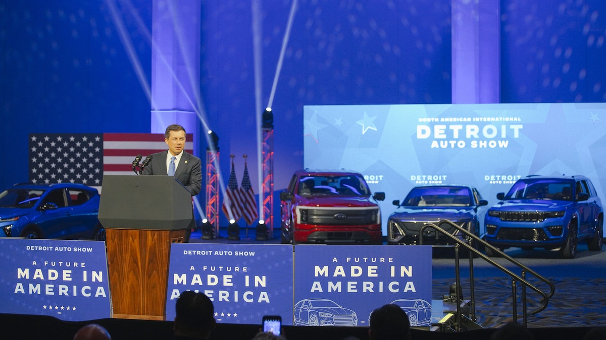 DETROIT, MICHIGAN, US - SEPTEMBER 14: US Secretary of Transportation, Pete Buttigieg speaks at the Detroit Auto show, in Detroit, MI, United States on September 14, 2022. (Photo by Katie McTiernan/Anadolu Agency via Getty Images)