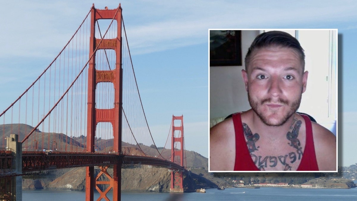 A photo of the Golden Gate Bridge beneath a photo of Bill Gene Hobbs