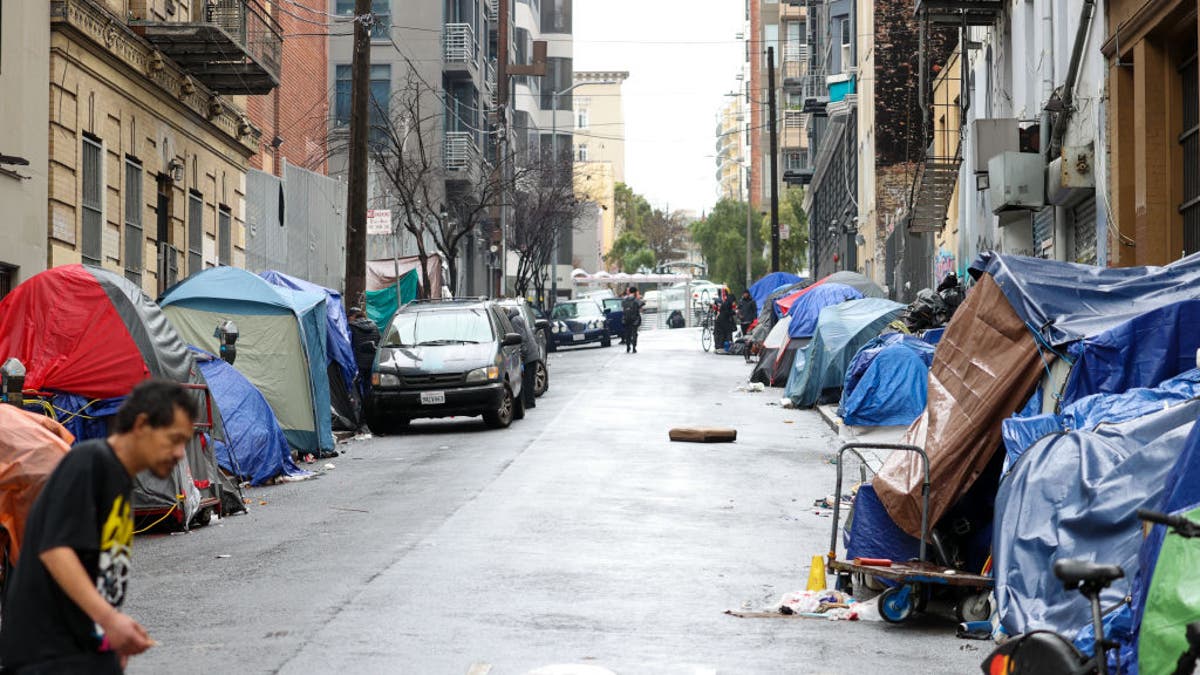 Homeless encampments are seen near San Francisco's City Hall in January 2023.