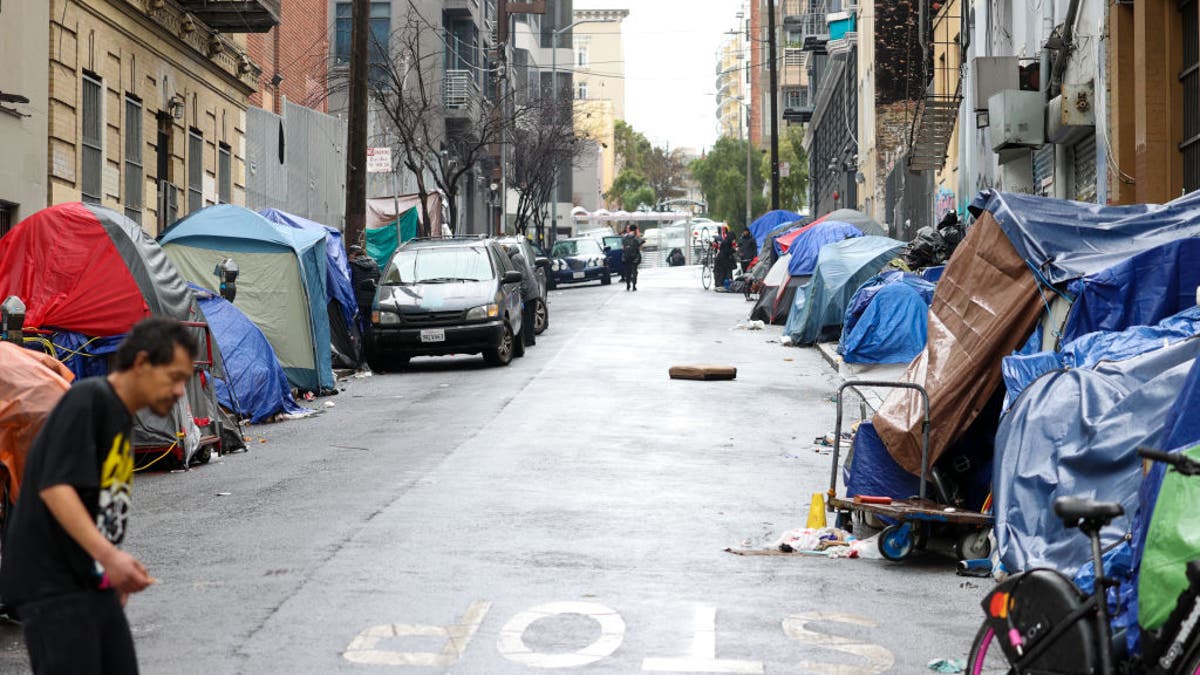 Homeless encampments are seen near San Francisco's City Hall in January 2023.