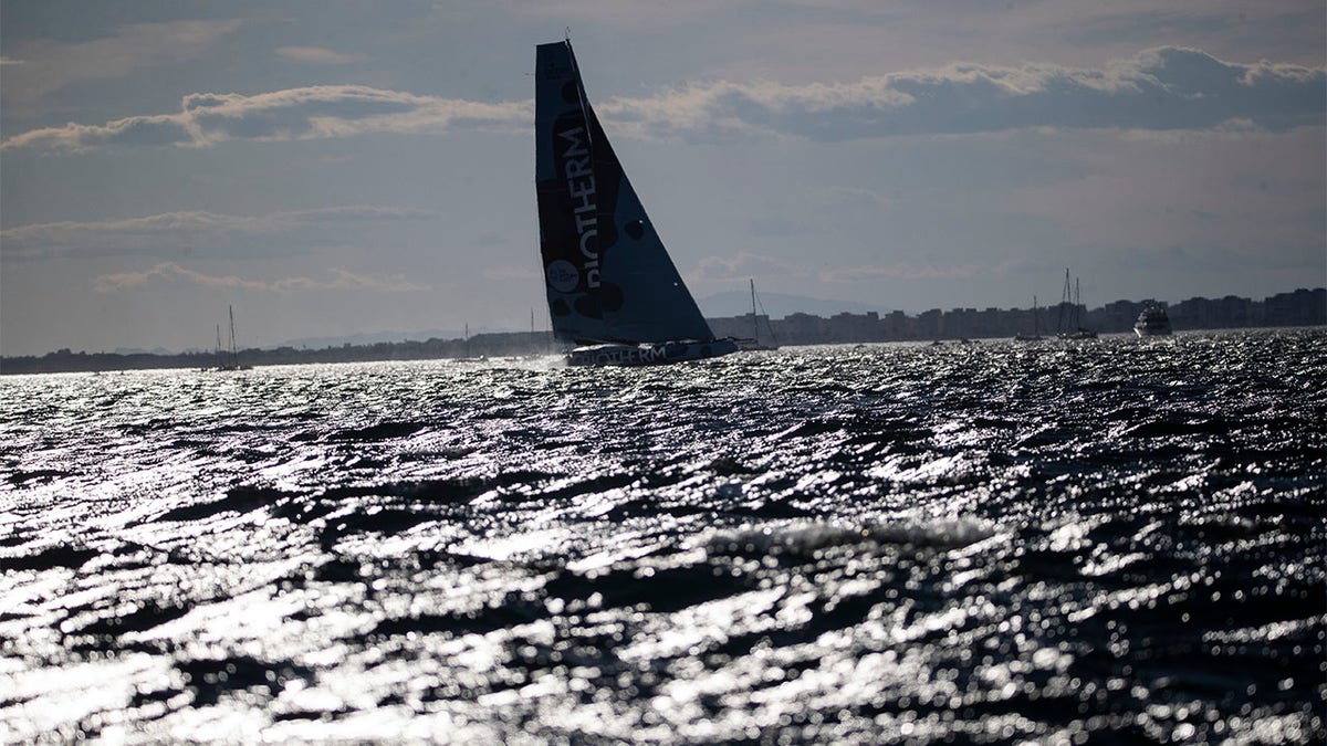 Imoca class sailing boat takes off at the start of the Ocean Race