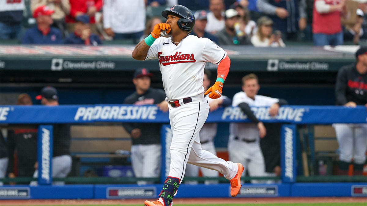 Jose Ramirez celebrates a home run