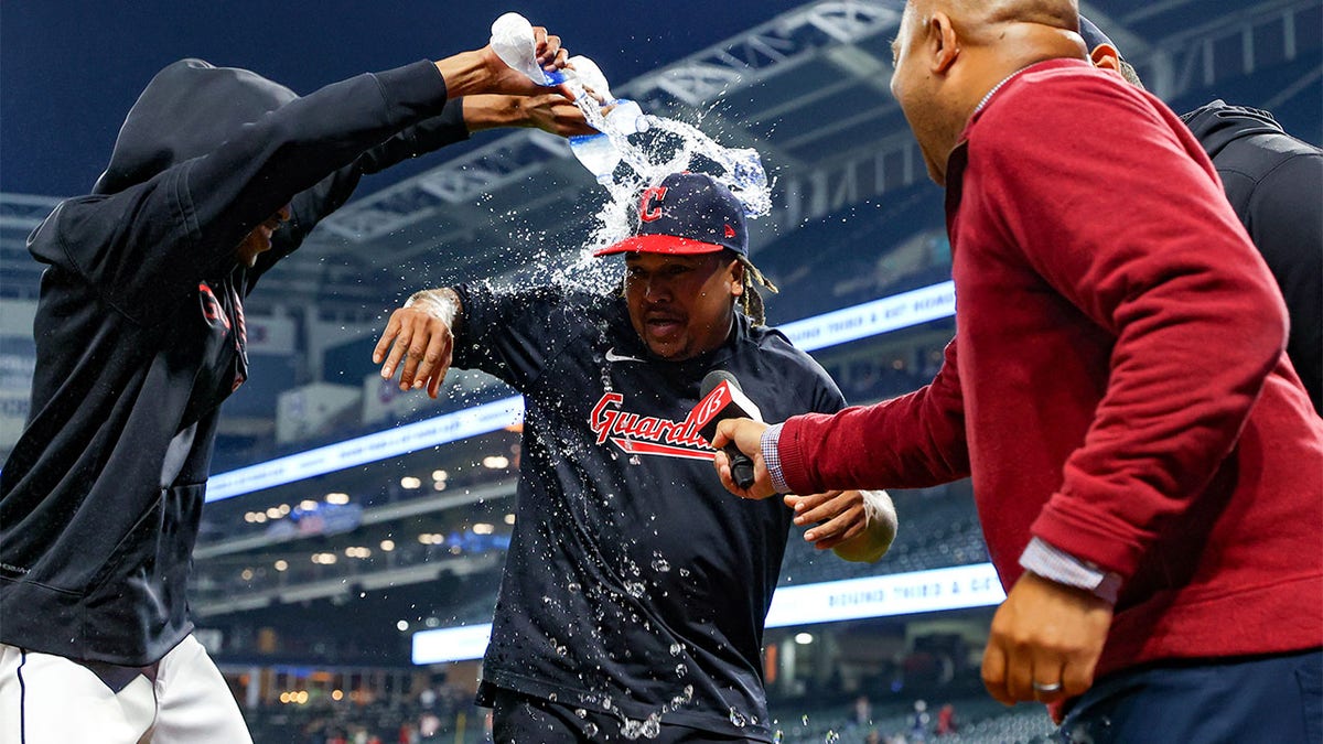 Jose Ramirez celebrates his three-homer game