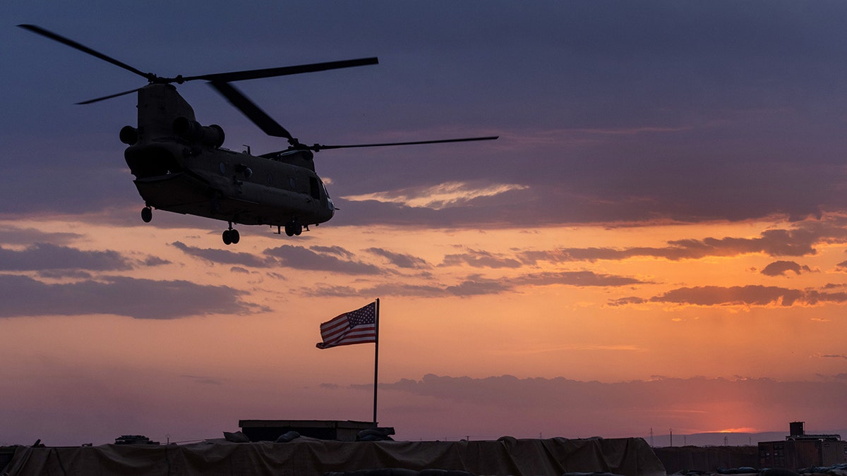 A helicopter at night